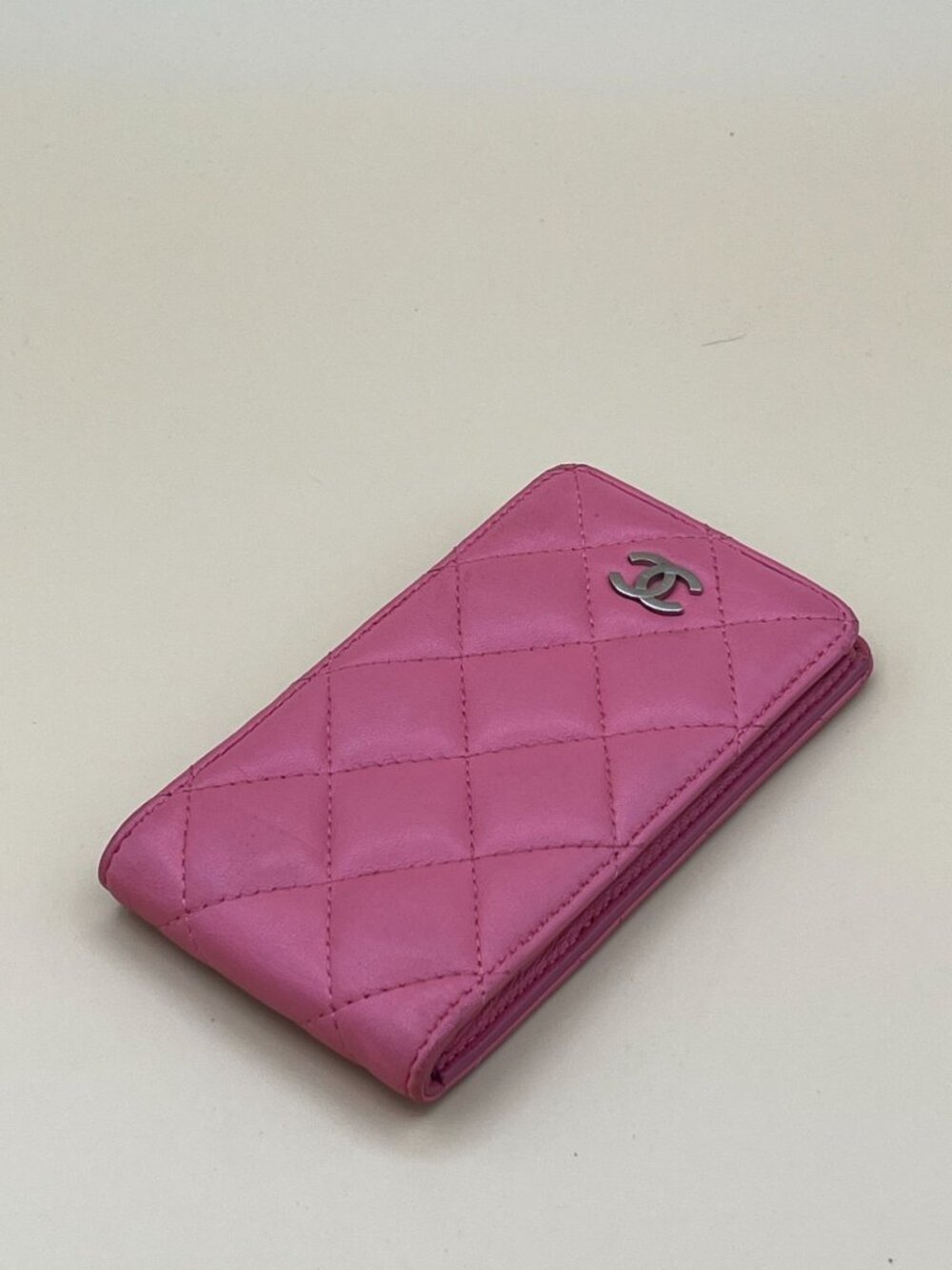 Chanel Pink Quilted Lambskin Cell Phone Case Holder Silver CC Logo Made in Italy